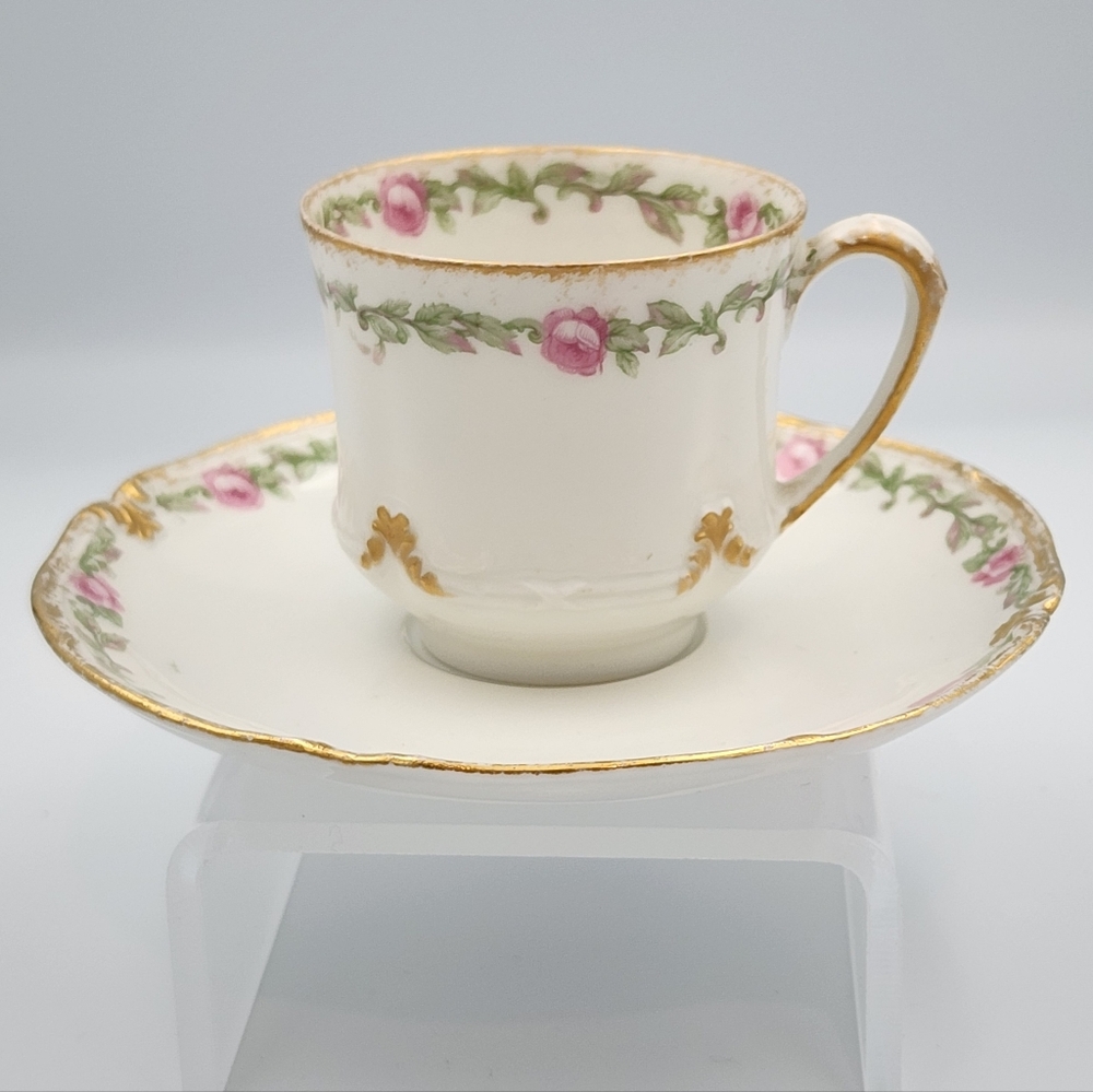 GDA Limoges Floral Drmitasse Cup and Saucer Set with Gold Accents